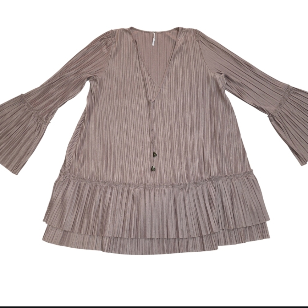 Free People Can't Help It Pleated Bell Sleeve Mini Dress Mauve Size M - Picture 2 of 11